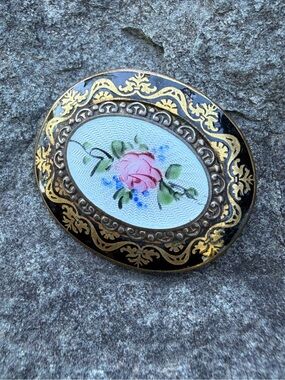 Vintage Estate guilloché Enamel Brooch Pink Rose Black Gold Pin